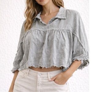 Charmed Hearts Light Gray blue Ruffled Blouse